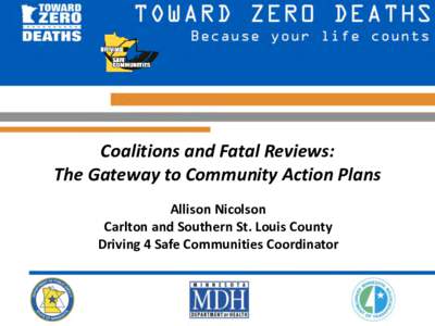 Coalitions and Fatal Reviews: The Gateway to Community Action Plans Allison Nicolson Carlton and Southern St. Louis County Driving 4 Safe Communities Coordinator