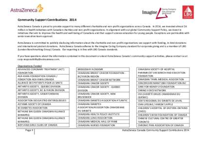 Community Support Contributions: 2014 AstraZeneca Canada is proud to provide support to many different charitable and non-profit organizations across Canada. In 2014, we invested almost $6 million in health initiatives w