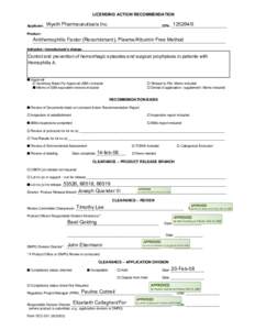 Licensing Action Recommendation: Antihemophilic Factor (Recombinant), Plasma/Albumin Free (Xyntha)