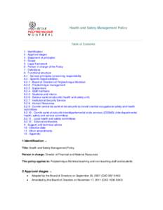 Documents Health and Safety Management Policy Table of Contents 1 - Identification 2 - Approval stages