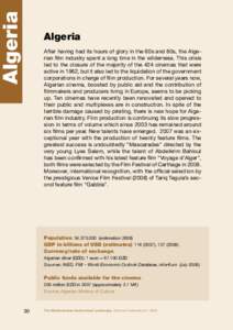 Algeria  Algeria After having had its hours of glory in the 60s and 80s, the Algerian ﬁlm industry spent a long time in the wilderness. This crisis led to the closure of the majority of the 424 cinemas that were active