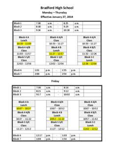 Bradford High School Monday – Thursday Effective January 27, 2014