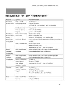 Vermont Town Health Officer Manual Resource List for Town Health Officers