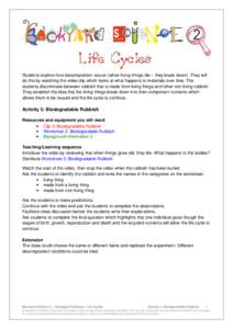 Students explore how decomposition occurs (when living things die – they break down). They will do this by watching the video clip which looks at what happens to materials over time. The students discriminate between r