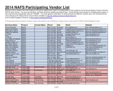 2014 NAFS Participating Vendor List Below is a list of vendors that school districts throughout Alaska have used in sourcing products that qualify for the Nutritional Alaska Foods in Schools (NAFS) grant money. For your 