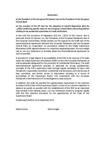 Declaration of the President of the European Parliament and of the President of the European Central Bank on the occasion of the EP vote for the adoption of Council Regulation (EU) No …/2013 conferring specific tasks o