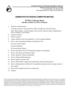 PAJARO VALLEY WATER MANAGEMENT AGENCY 36 BRENNAN STREET  WATSONVILLE, CATEL: FAX: email:   http://www.pvwma.dst.ca.us  ADMINISTRATIVE/FINANCE COMMITTEE MEETING