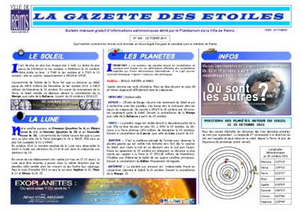 L A G A Z E T T E D E S E T O IL E S www.reims.fr Bulletin mensuel gratuit d’informations astronomiques édité par le Planétarium de la Ville de Reims.  ISSN 2117-699X