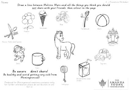 Name  K— 3 Prevention Worksheet Draw a line between Melrose Mare and all the things you think you should not share with your friends, then colour in the page