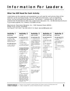 Information For Leaders What You Will Need for Each Activity Listed below are the materials and preparations you will need for each activity. Most of the materials can be purchased locally. The more difficult-to-find ite