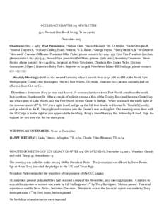 CCC LEGACY CHAPTER 123 NEWSLETTER 3412 Pleasant Run Road, Irving, Texas[removed]December 2013 Chartered: Nov. 1, 1985. Past Presidents: *Nelson Oats, *Harold Ballard, *W. O. Mullin, *Verle Oringderff, *Harold Trammell, *Wi