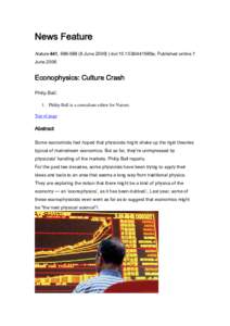News Feature Nature 441, June 2006) | doi:441686a; Published online 7 June 2006 Econophysics: Culture Crash Philip Ball1