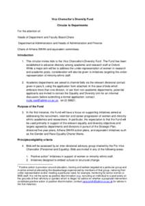 Vice Chancellor’s Diversity Fund Circular to Departments For the attention of: Heads of Department and Faculty Board Chairs Departmental Administrators and Heads of Administration and Finance Chairs of Athena SWAN and 