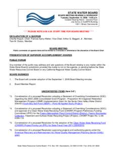 STATE WATER BOARD BOARD MEETING/HEARING & WORKSHOP Tuesday, September 15, 2009 – 9:00 a.m. Coastal Hearing Room – Second Floor Joe Serna Jr./Cal/EPA Building 1001 I Street, Sacramento