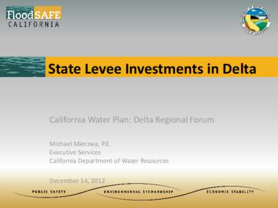 State Levee Investments in Delta California Water Plan: Delta Regional Forum Michael Mierzwa, P.E. Executive Services California Department of Water Resources December 14, 2012