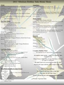 2013 Mitsitam Holiday Take Home Menu Soups Appetizers  *Fall Harvest Pumpkin Soup, Cranberry Syrup,