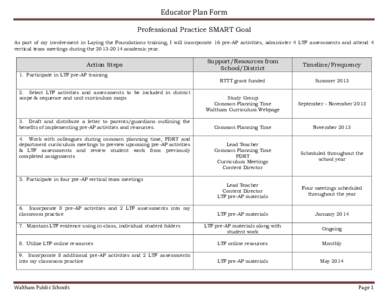 Educator Plan Form  Professional Practice SMART Goal As part of my involvement in Laying the Foundations training, I will incorporate 16 pre-AP activities, administer 4 LTF assessments and attend 4 vertical team meetings