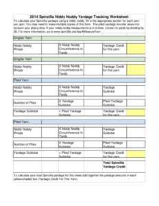 2014 Spinzilla Niddy Noddy Yardage Tracking Worksheet To calculate your Spinzilla yardage using a niddy noddy, fill in the appropriate section for each yarn you spin. You may need to make multiple copies of this form. Th