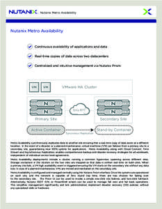 Nutanix Metro Availability  Nutanix Metro Availability Continuous availability of applications and data Real-time copies of data across two datacenters