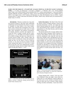 44th Lunar and Planetary Science Conference[removed]pdf MARS AND THE MOJAVE: A PLANETARY ANALOG FESTIVAL IN DEATH VALLEY NATIONAL PARK. A. J. P. Jones1,2, R. Bonaccorsi3,4, S. Kyriazis5, T. Baldino6, L. V. Bleacher1
