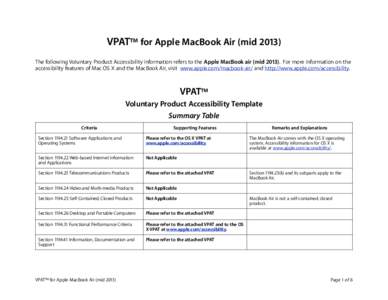VPAT™ for Apple MacBook Air (mid[removed]The following Voluntary Product Accessibility information refers to the Apple MacBook air (mid[removed]For more information on the accessibility features of Mac OS X and the MacBoo