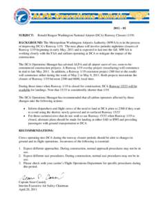 ALPA Operations Bulletin 2011 – 01 SUBJECT: Ronald Reagan Washington National Airport (DCA) Runway Closure (1/19)