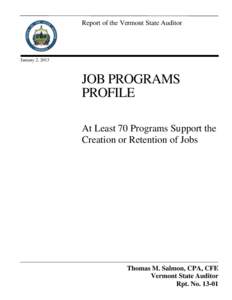 Report of the Vermont State Auditor  January 2, 2013 JOB PROGRAMS PROFILE