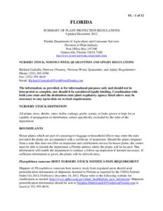 FL - 1 of 12  FLORIDA SUMMARY OF PLANT PROTECTION REGULATIONS Updated December 2012 Florida Department of Agriculture and Consumer Services