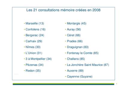 Les 21 consultations mémoire créées en 2008  • Marseille (13) • Montargis (45)