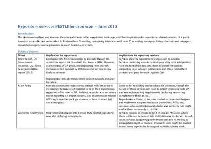 Repository services PESTLE horizon scan - June 2013 Introduction This document outlines and assesses the principal drivers in the repositories landscape, and their implications for repositories shared services. It is par