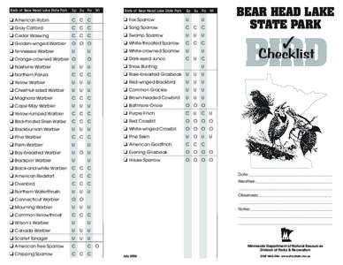 Bear Head State Park Bird Checklist
