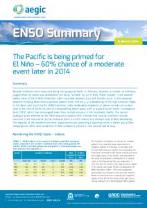 ENSO Summary  6 March 2014 The Pacific is being primed for El Niño – 60% chance of a moderate