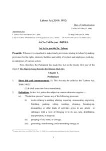 Labour Act,[removed]Date of Authentication 2 Jestha[removed]May 15, 1996) Amendment Acts 1. Labour (first Amendment) Act , 2054