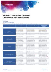    AU & NZ TV Broadcast Deadlines Christmas & New YearAustralia Deadlines are AEDST