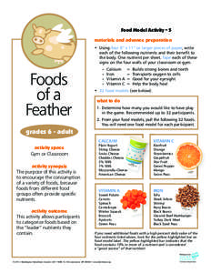 Food Model Activity – 5 materials and advance preparation • Using four 8” x 11” or larger pieces of paper, write each of the following nutrients and their benefit to the body. One nutrient per sheet. Tape each of