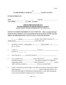 [removed]IN THE DISTRICT COURT OF _____________ COUNTY, KANSAS IN THE INTEREST OF: Name __________________________________ Case No. ______________________