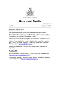 Northern Territory of Australia  Government Gazette ISSN[removed]No. G41