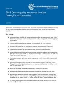 CIS2012Census quality assurance: London borough’s response rates July 2012 This briefing presents the person response rates, household response rates and household return rates