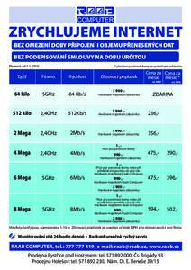 ZRYCHLUJEME INTERNET BEZ OMEZENÍ DOBY PŘIPOJENÍ I OBJEMU PŘENESENÝCH DAT BEZ PODEPISOVÁNÍ SMLOUVY NA DOBU URČITOU Platnost odTarif