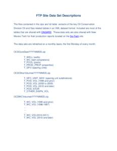 FTP Site Data Set Descriptions The files contained in the zips are full table extracts of the key Oil Conservation Division Oil and Gas related tables in an XML dataset format. Included are most of the tables that are sh