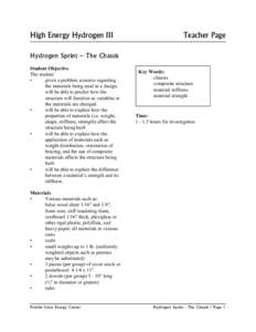 High Energy Hydrogen III  Teacher Page Hydrogen Sprint – The Chassis Student Objective