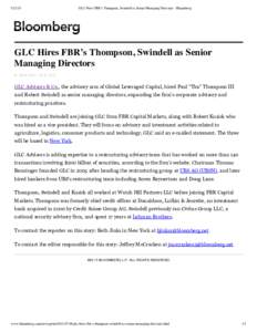 [removed]GLC Hires FBR’s Thompson, Swindell as Senior Managing Directors - Bloomberg GLC Hires FBR’s Thompson, Swindell as Senior Managing Directors