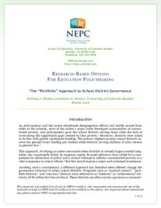 Education in the United States / Charter schools in the United States / Portfolio strategy / Kevin G. Welner / National Education Policy Center / State school