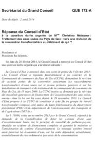 QUE 172A - Réponse du Conseil d’Etat à la question écrite urgente de Mme Christina Meissner : Traitement des eaux usées du Pays de Gex : vers une révision de la convention transfrontalière au détriment de qui ?