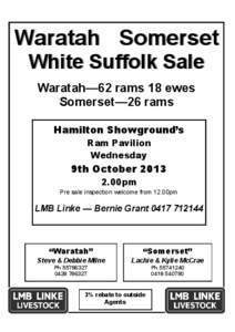 Waratah Somerset White Suffolk Sale Waratah—62 rams 18 ewes Somerset—26 rams Hamilton Showground’s Ram Pavilion