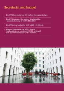 Secretariat and budget  Secretariat and budget •	 The WTO Secretariat has 639 staff on the regular budget. •	 T  he WTO increased the number of nationalities