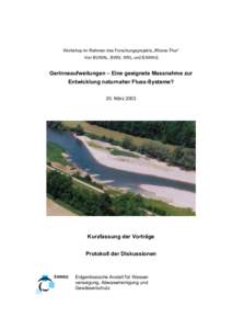 Workshop im Rahmen des Forschungsprojekts „Rhone-Thur“ Von BUWAL, BWG, WSL und EAWAG Gerinneaufweitungen – Eine geeignete Massnahme zur Entwicklung naturnaher Fluss-Systeme? 20. März 2003