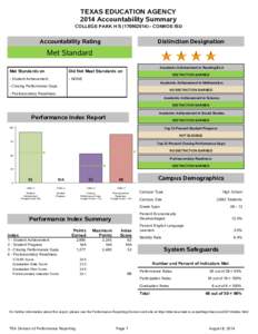 TEXAS EDUCATION AGENCY 2014 Accountability Summary COLLEGE PARK H SCONROE ISD Accountability Rating