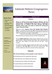 Adelaide Hebrew Congregation News Volume 1, Issue 5 Shabbat Details Friday night service