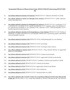 Enumerated Offenses in Illinois School Code, 105 ILCS[removed]referencing 105 ILCS 5/2123a (1) Any offense defined in Sections 11-6 inclusive (720 ILCS[removed] = indecent solicitation of a child);  (2)